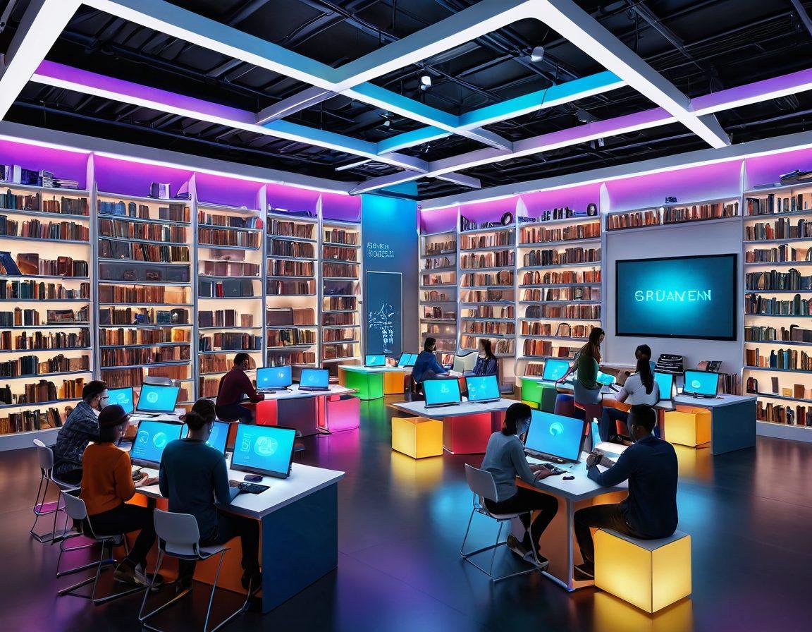 A vibrant digital library filled with colorful shelves of books and glowing tablets displaying various resources on innovation and tutorials. In the foreground, a diverse group of people engage in collaborative learning, exchanging ideas amidst an atmosphere of creativity. The scene is infused with elements of technology, such as holograms and interactive screens, merging education with innovation. super-realistic. bright colors. futuristic style.