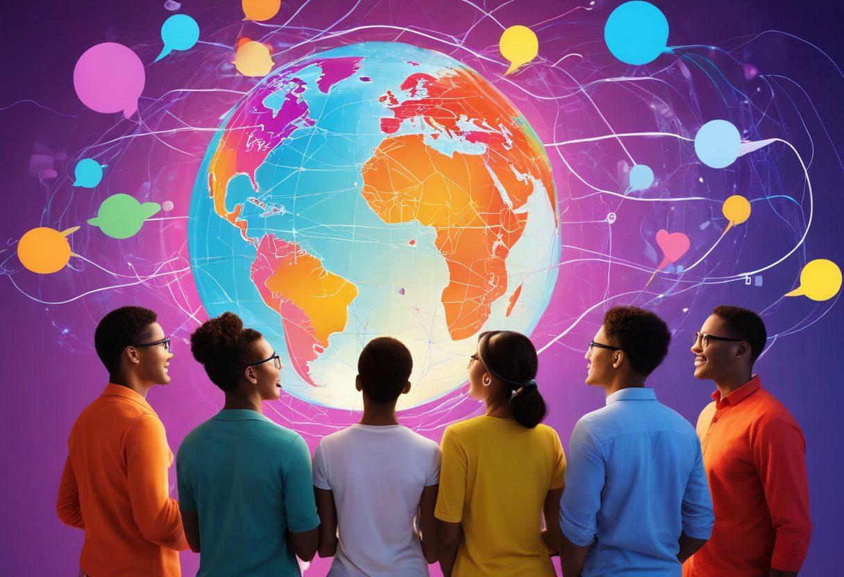 A vibrant digital collage depicting diverse individuals engaging in animated discussions, showcasing a mix of expressions and cultures. Include elements like speech bubbles filled with ideas, a glowing globe symbolizing a global community, and a background of interconnected network lines. Emphasize unity and collaboration in a lively, welcoming atmosphere. digital art. vibrant colors. 3D.