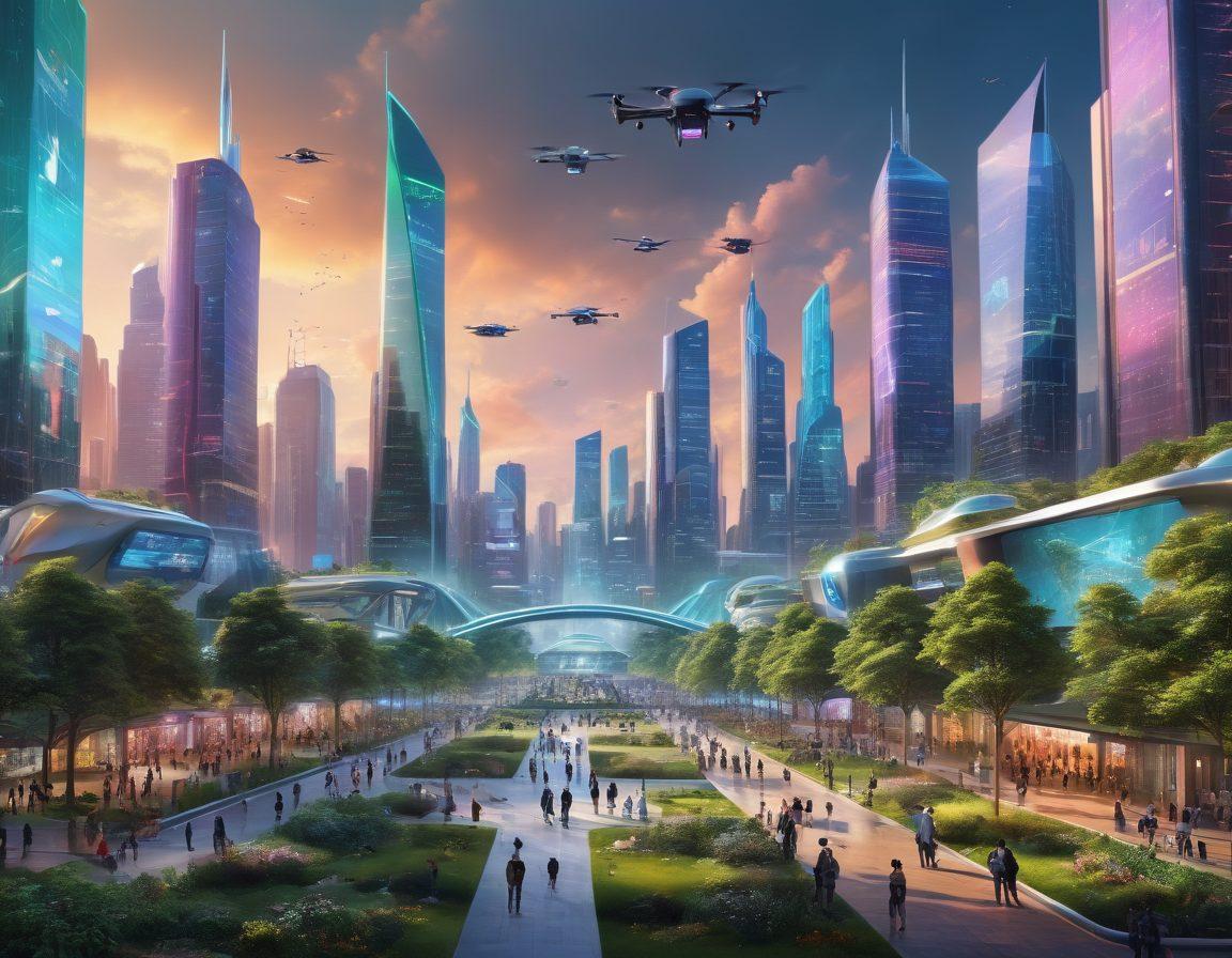 A futuristic city skyline infused with technology, featuring vibrant holographic displays, drones flying overhead, and diverse groups of people engaging in discussions. The foreground includes interactive tech gadgets and a community space bustling with innovation. Include lush green parks blending with smart technology. super-realistic. vibrant colors. 3D.